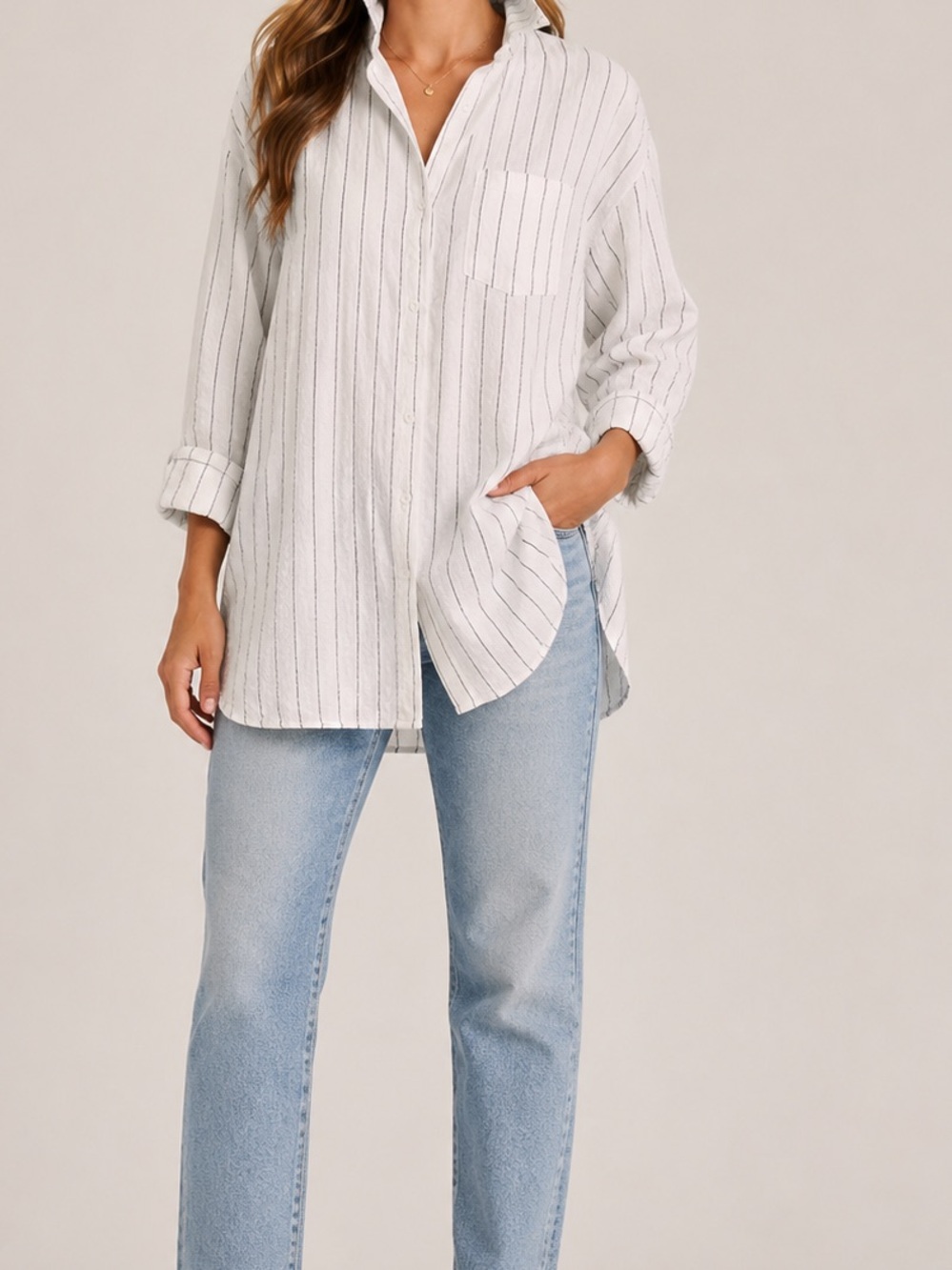 Striped Button-Down Tunic Top in White with Black Pinstripes